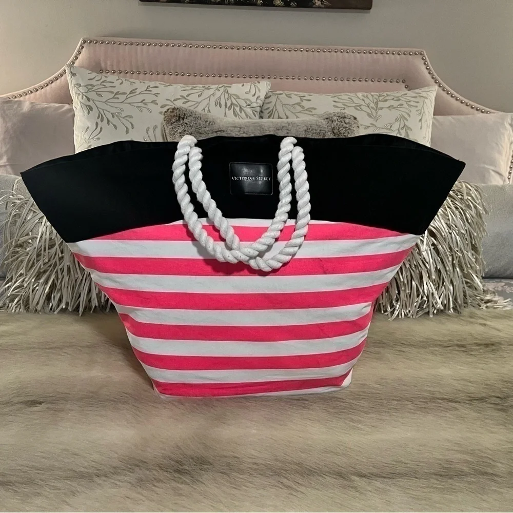 VICTORIA’S SECRET Beach Bag LARGE 2 Rope Handles Canvas Tote Black Pink Striped